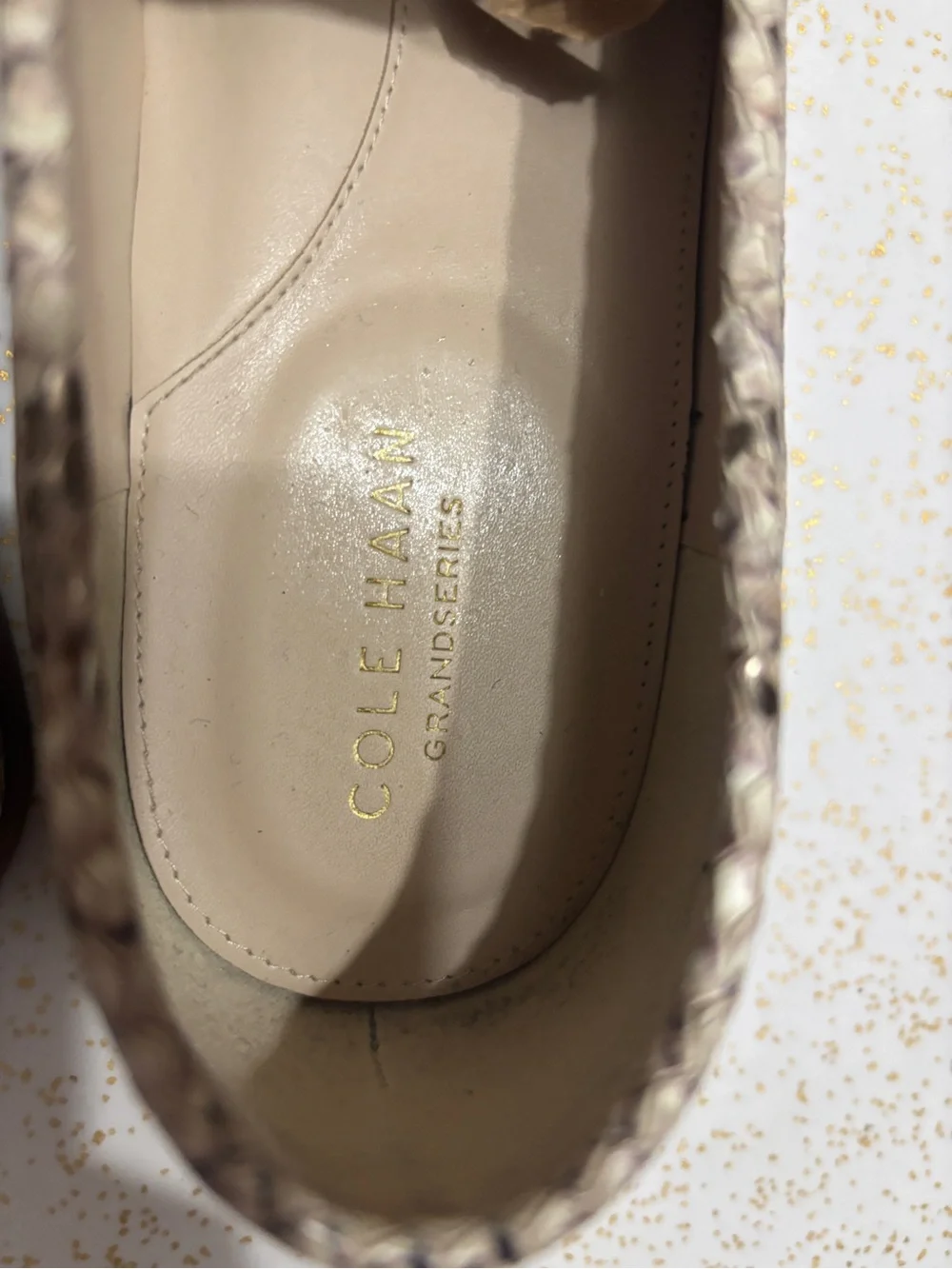 Cole Haan Beige Snake-Print Leather Loafers with Gold Bit
